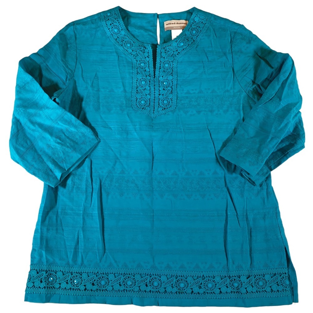 Beautiful Alfred Dunner teal neru collar tunic with embroidered details 8P